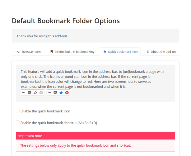「Quick bookmark icon」タブ