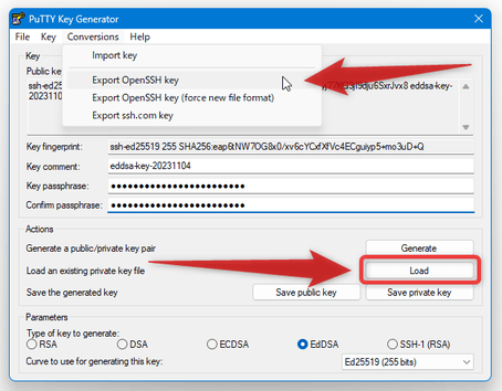 PPK ファイルをロード → メニューバー上の「Conversions」から「Export OpenSSH key」を選択する