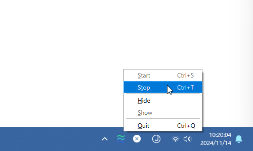 タスクトレイアイコンを右クリックして「Stop」を選択する
