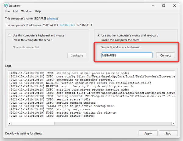 接続する PC の名前か IP アドレスを「Server IP address or hostname」欄に入力し、右側にある「Connect」ボタンをクリックする