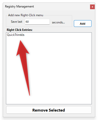 「Right Click Entries」欄に、コマンドが登録された