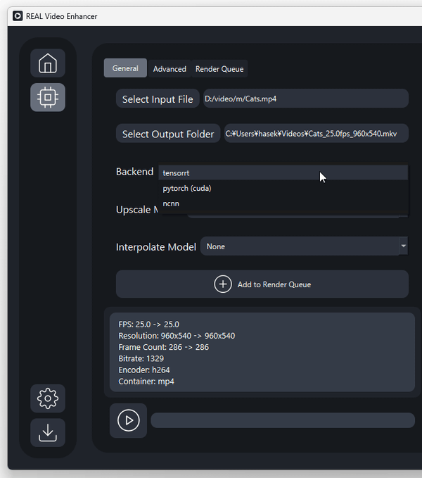 「Backend」欄で、使用するバックエンドを選択する