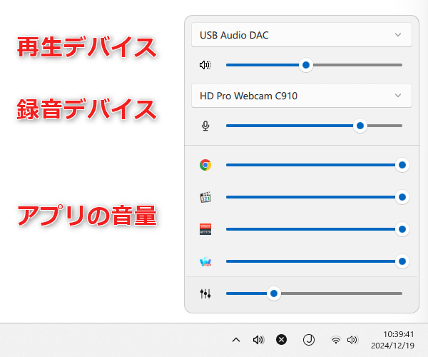 サウンドパネルが表示される