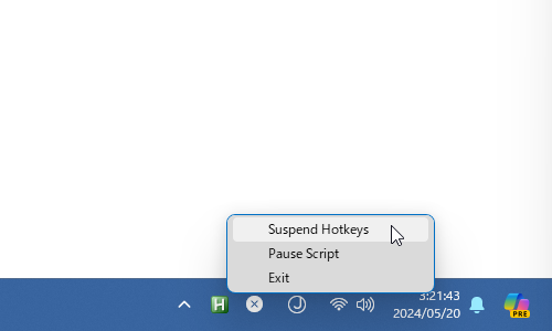 タスクトレイアイコンを右クリックして「Suspend Hotkeys」にチェックを入れる