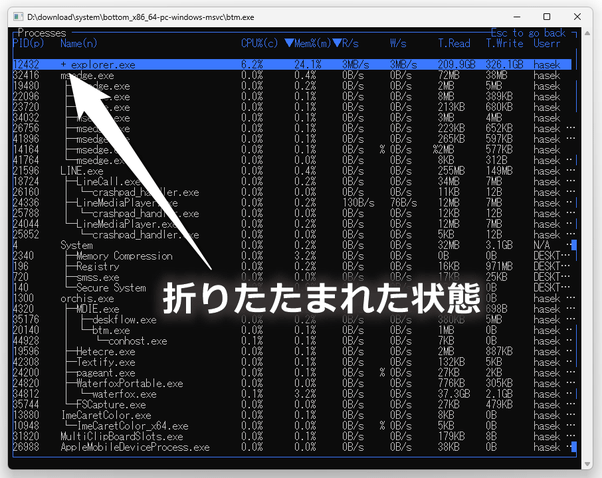 ツリーが折りたたまれた状態