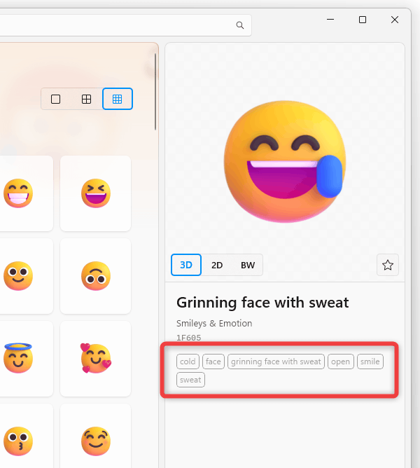 絵文字のプレビュー下部には、該当絵文字に関するタグが表示される