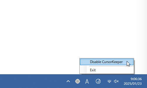 タスクトレイアイコンをクリックして「Disable CursorKeeper」を選択する