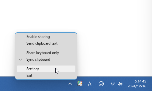 タスクトレイアイコンを右クリックし、「Settings」を選択する
