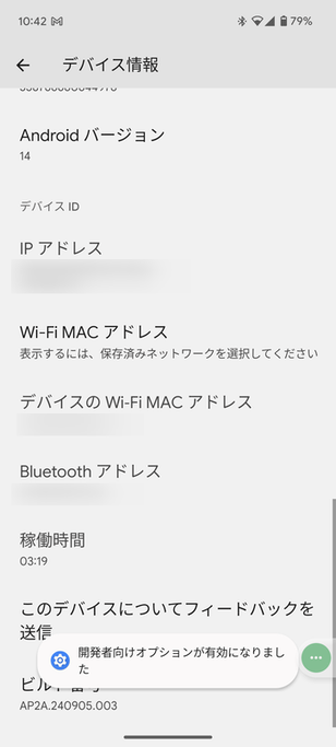 「開発者向けオプション」が有効になった