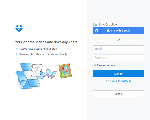 サインイン画面（Dropbox）