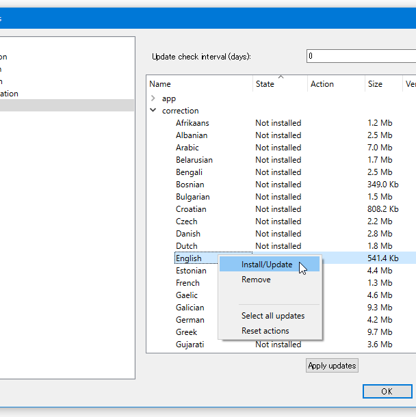 単語の自動補正を行う言語を右クリック →「Install/Update」を選する