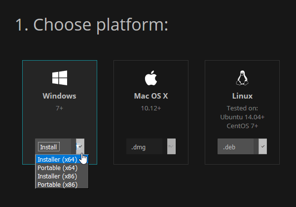 ダウンロードするプラットフォームを選択 → 下部のプルダウンメニューをクリックし、ダウンロードするファイルの形態を選択する